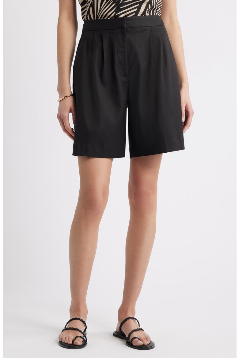 Pleated Linen Blend Shorts, Main, color, BLACK
