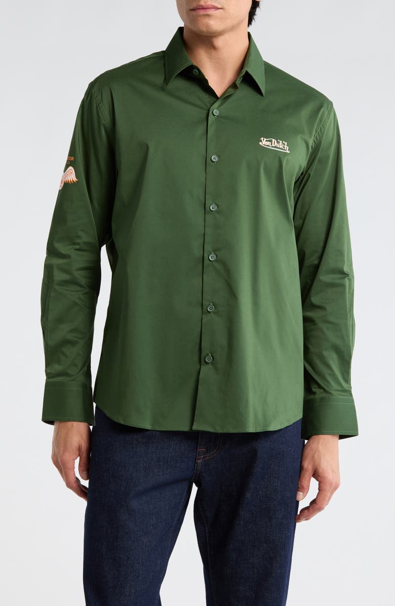 Von Dutch Patch Graphic Button-Up Shirt, Main, color, Forest Green