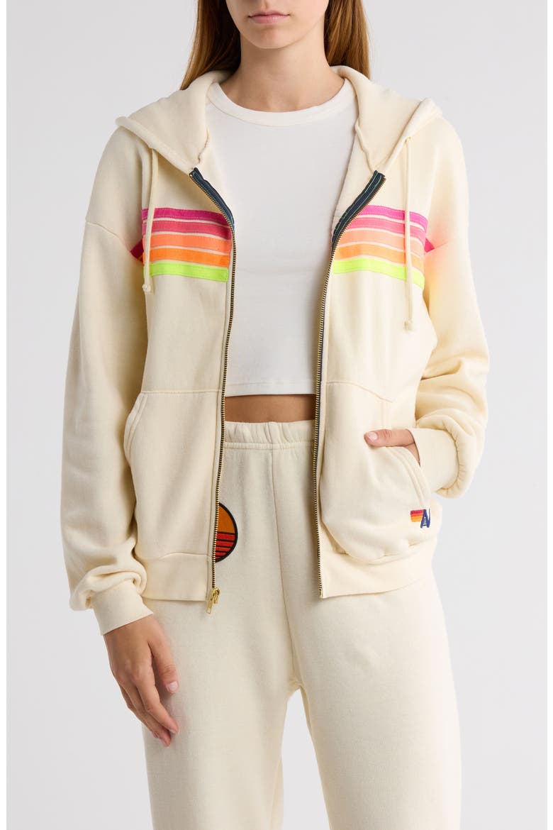 5-Stripe Zip Hoodie, Main, color, VINTAGE WHITE/ NEON