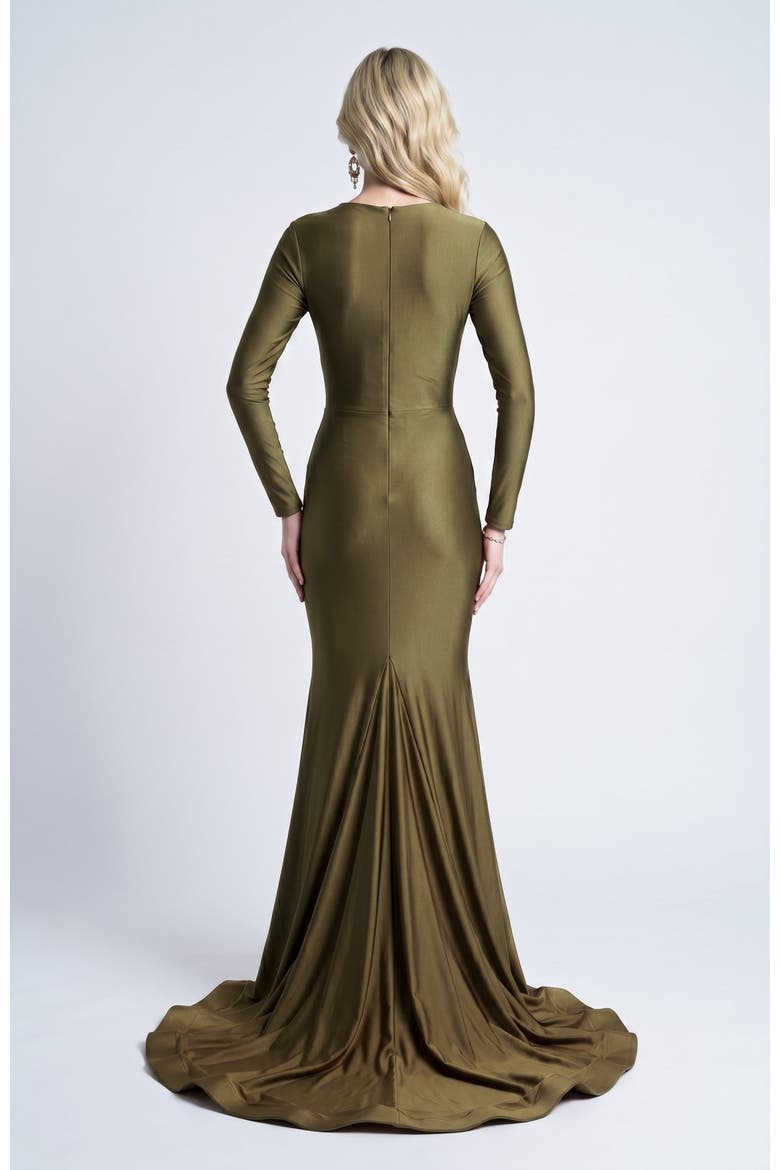 Long Sleeve Plunge V-Neck Ruched Mermaid Gown, Alternate, color, Forest Green