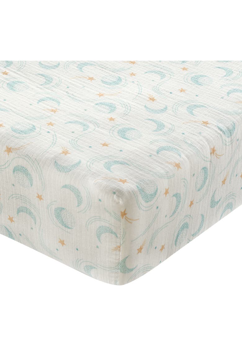 Signature 100% Organic Cotton Muslin Celestial Fitted Crib Sheet, Main, color, White