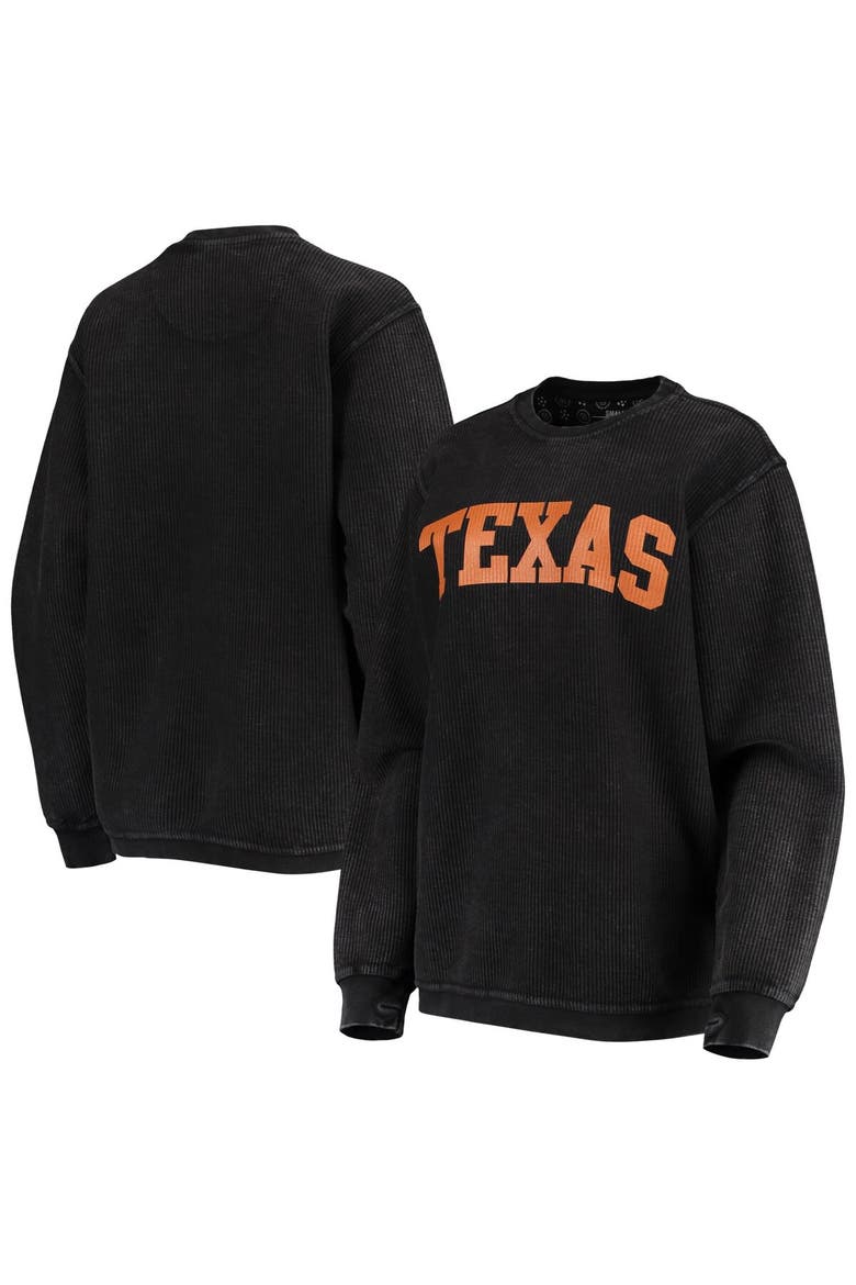 Women's Pressbox Black Texas Longhorns Comfy Cord Vintage Wash Basic Arch Pullover Sweatshirt, Main, color, Black