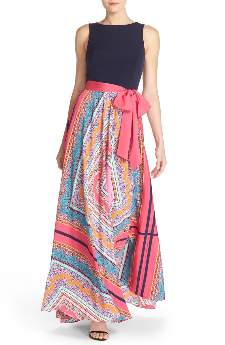 Eliza J Scarf Print Jersey & Crêpe de Chine Maxi Dress, Main, color,