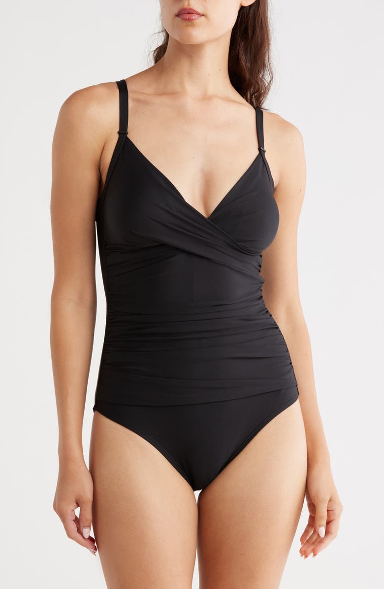 DKNY Twisted One-Piece Swimsuit, Main, color, Black