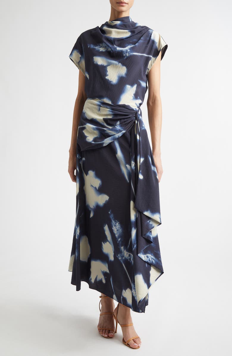 Lela Rose Abstract Floral Cascade Ruffle Crepe Skirt, Alternate, color, Navy