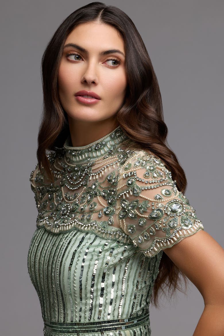 Beaded Mesh Short Sleeve Mock Neck Midi Dress, Alternate, color, Light Sage