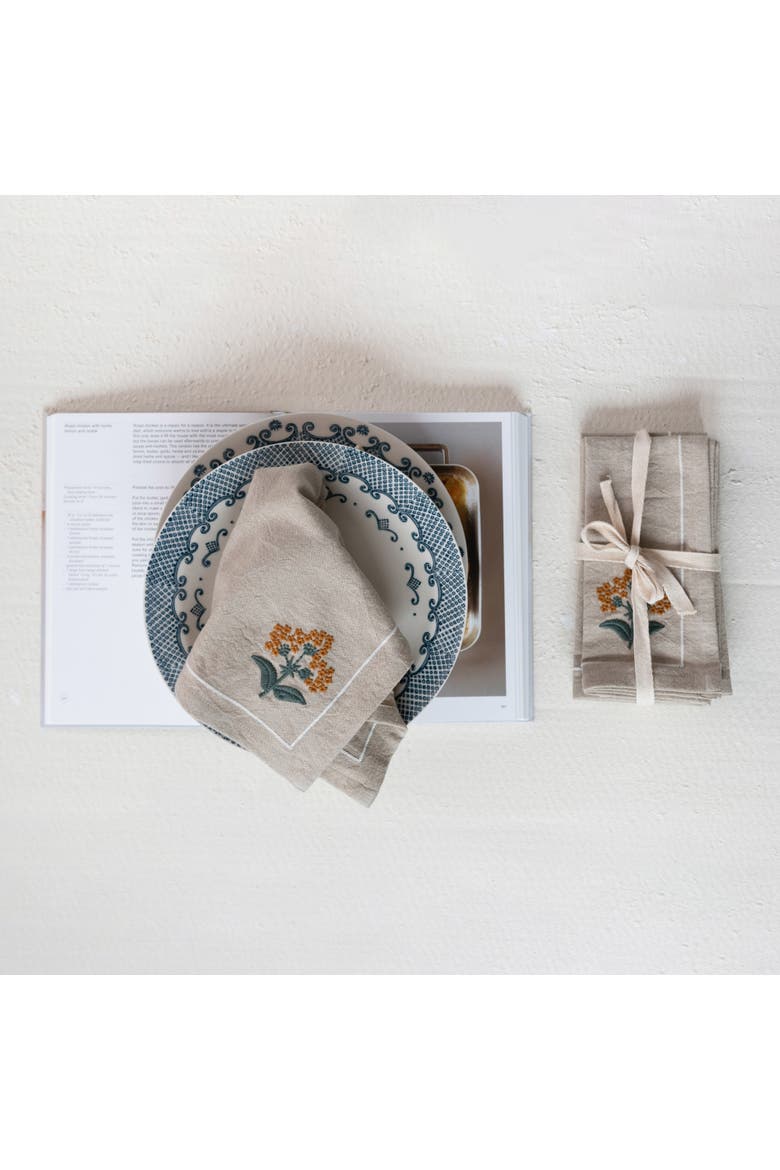 Cotton Napkins with Floral Embroidery and French Knots, Multicolor, Set of 4, Alternate, color, Tan