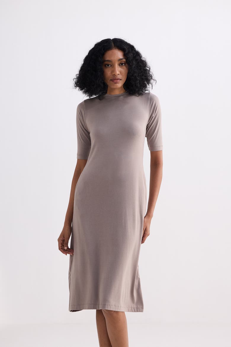 High Neck Elbow Sleeves Fitted Dress, Alternate, color, Dusty Brown