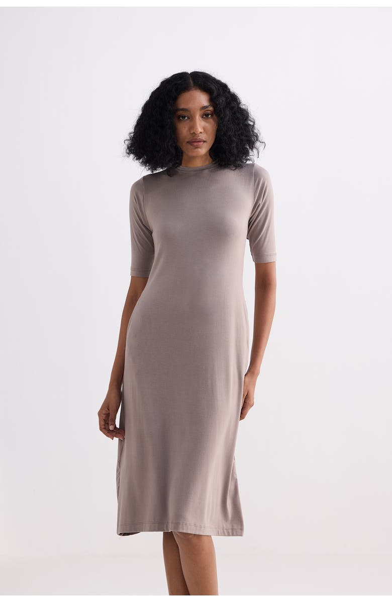 Reistor High Neck Elbow Sleeves Fitted Dress, Alternate, color, Dusty Brown