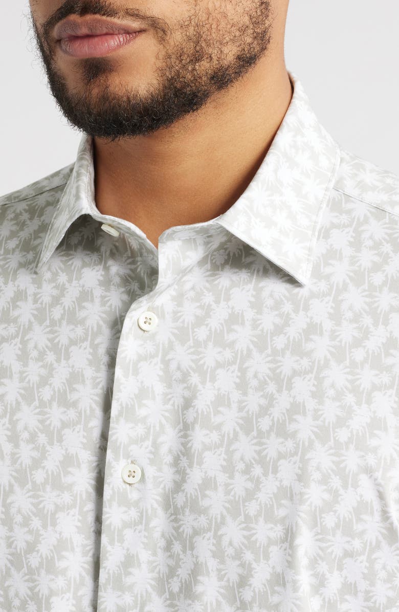 Bugatchi Miles OoohCotton<sup>®</sup> Palm Tree Print Short Sleeve Button-Up Shirt, Alternate, color, Sand