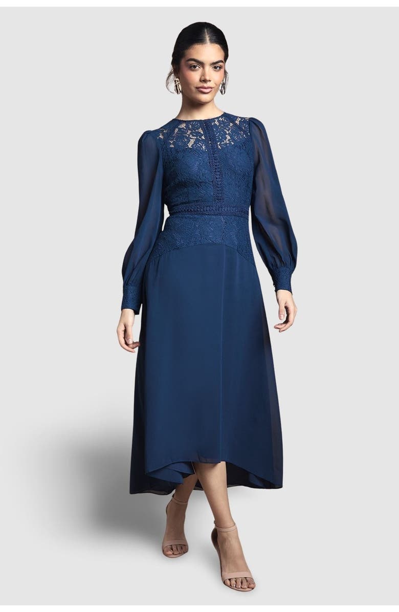 Wallis Lace Insert Chiffon Midi Dress, Main, color, Navy