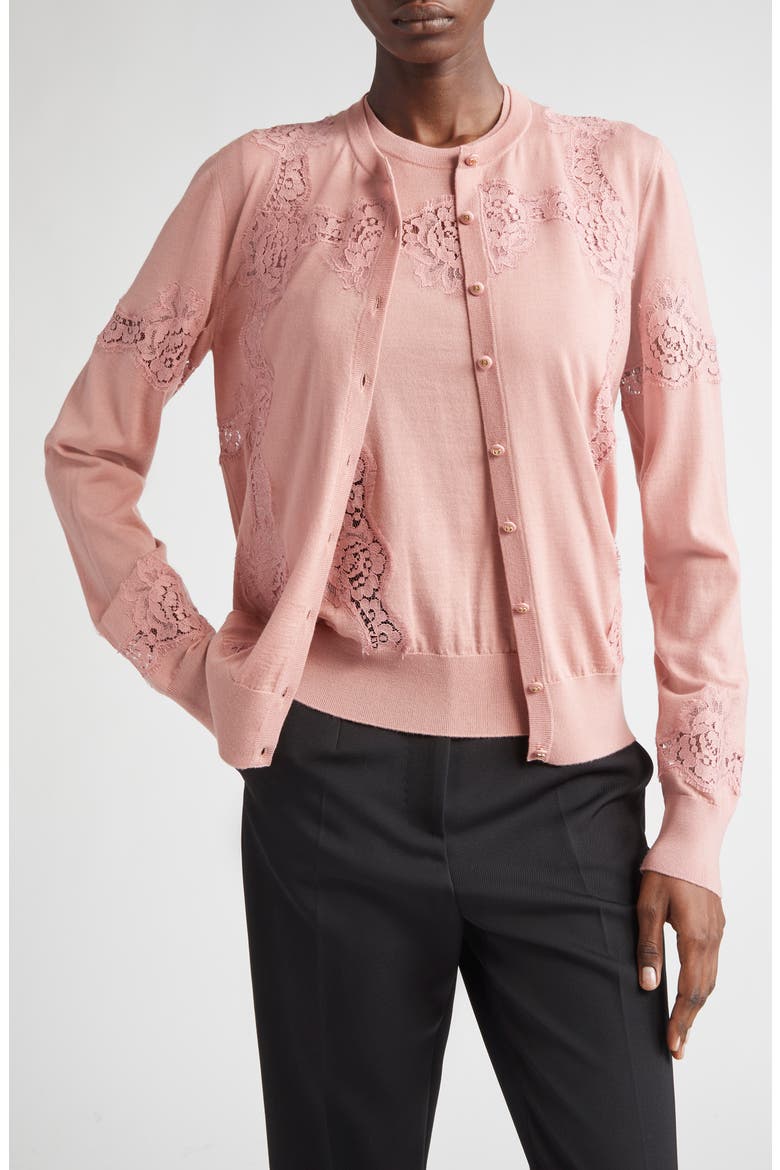 Lace Detail Virgin Wool & Cotton Blend Cardigan, Main, color, ROSA POLVERE SCURO