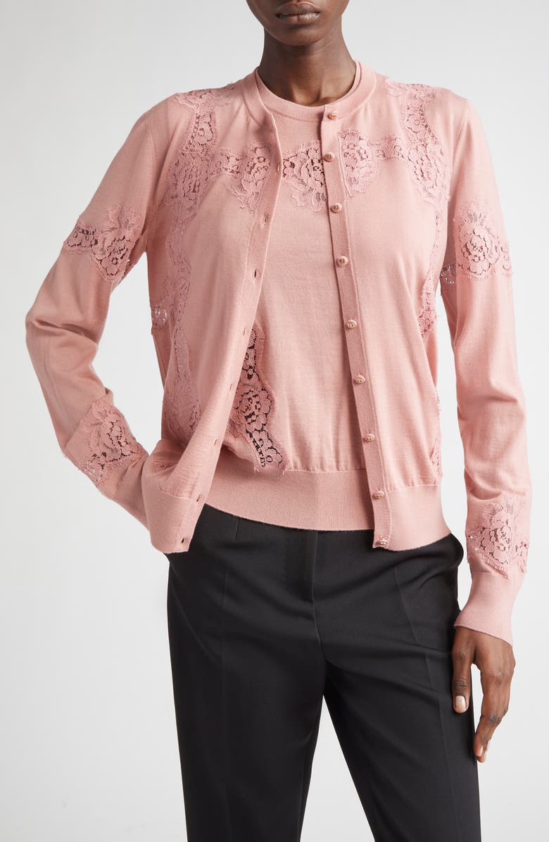 Dolce&Gabbana Lace Detail Virgin Wool & Cotton Blend Cardigan, Main, color, Rosa Polvere Scuro