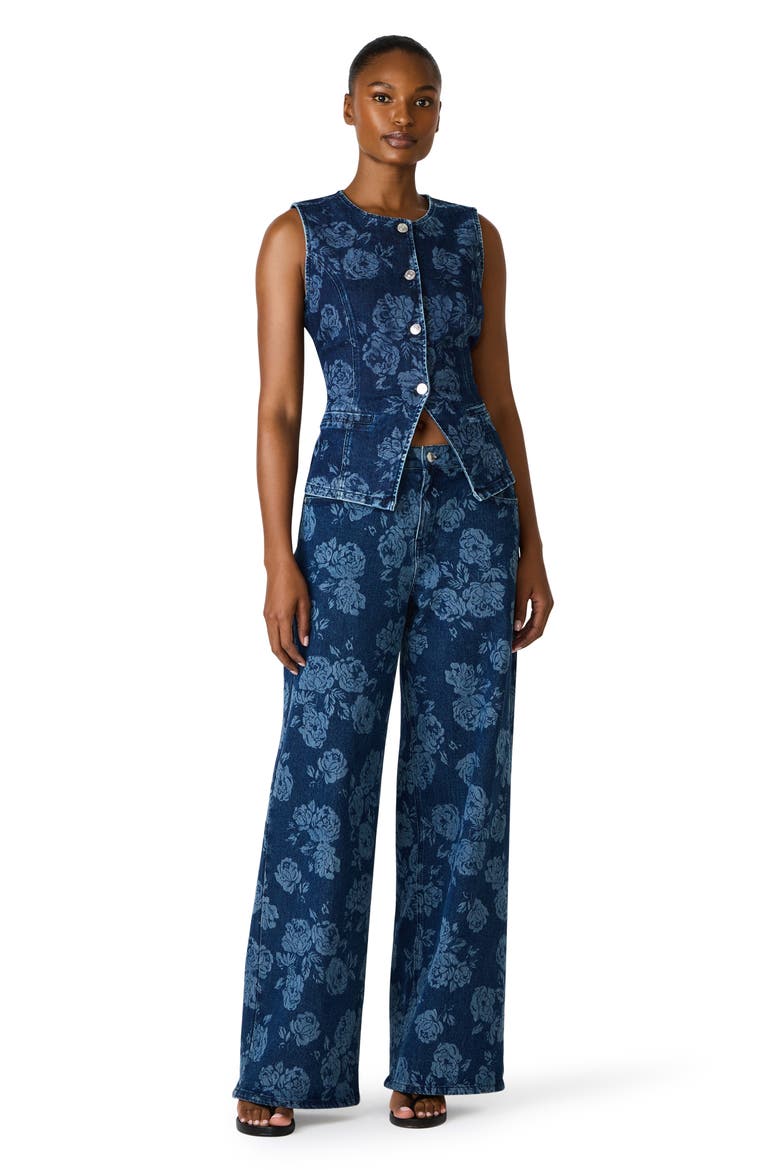 denim vest floral dress Guess dress high low denim look vest button up with floral skirt attached  y2k