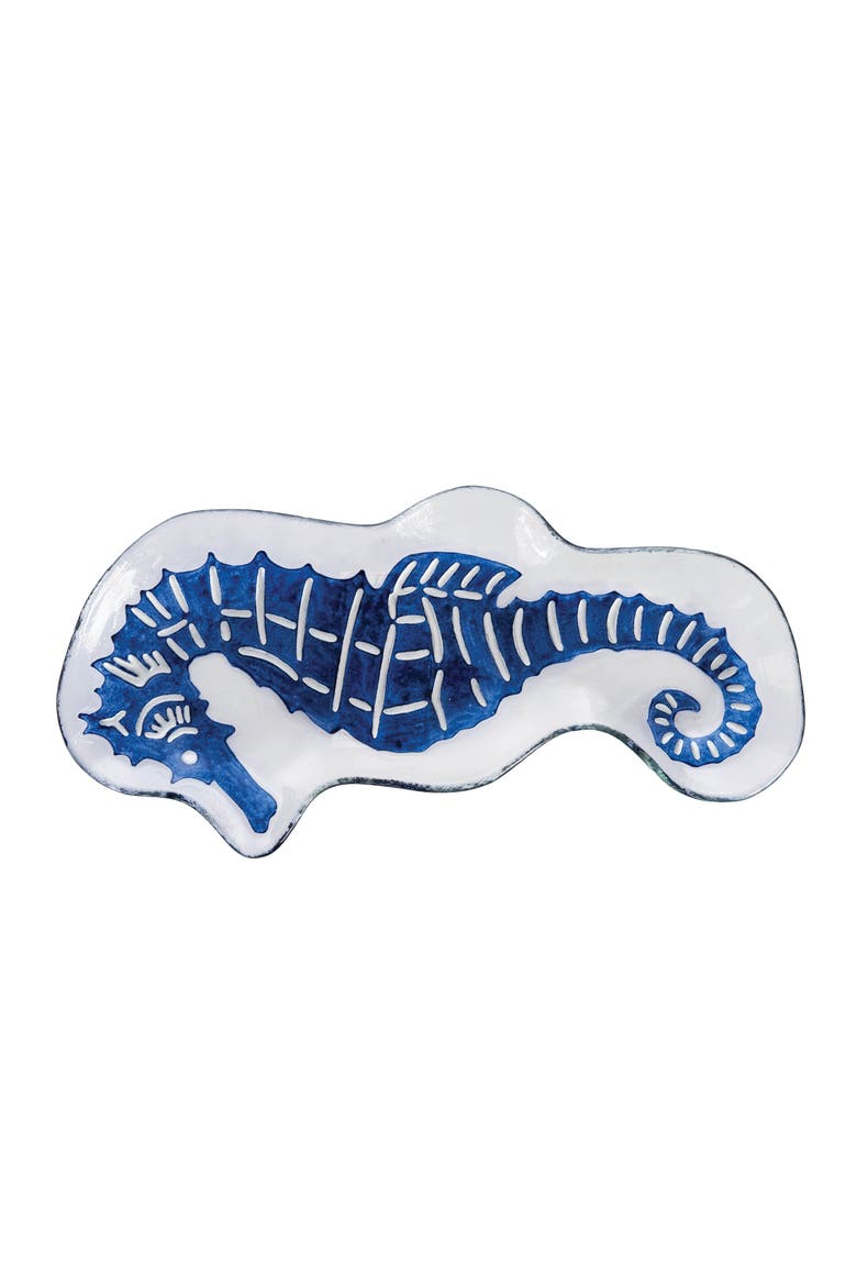 Seahorse Slump Glass Coastal Novelty Decorative Shaped Dish Plate 7.05" x 15", Alternate, color, Blue