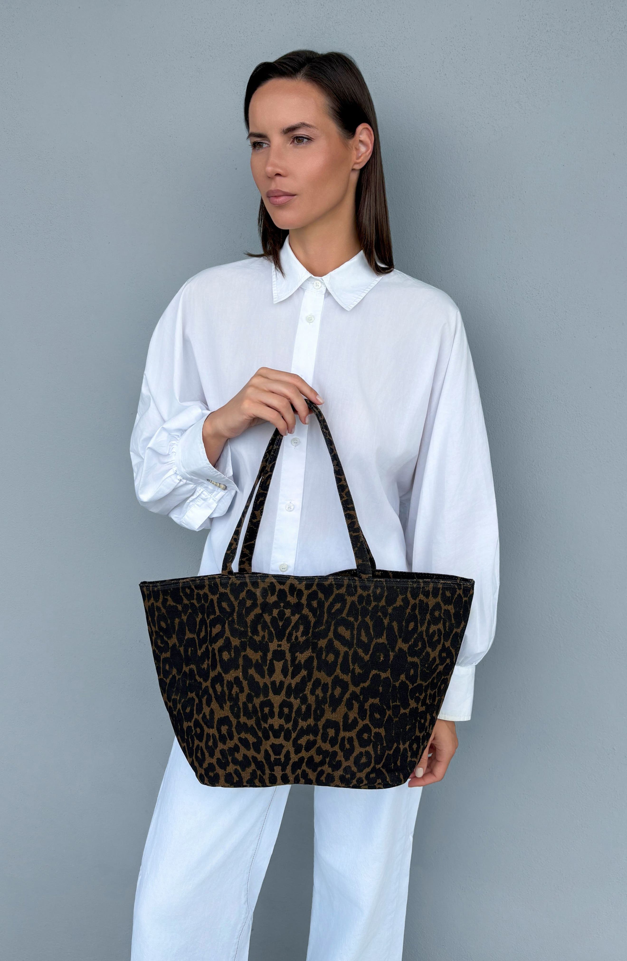 Leopard Print Large Tote Bag, Alternate, color, BROWN