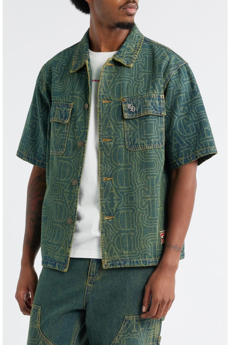 Berkeley Monogram Short Sleeve Cotton Denim Button-Up Shirt, Alternate, color, DIRTY BLUE