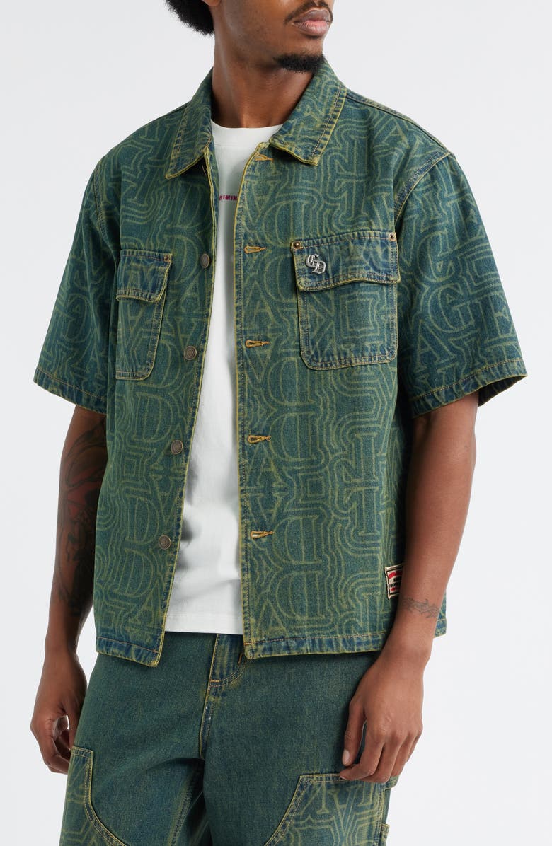 CRIMINAL DAMAGE Berkeley Monogram Short Sleeve Cotton Denim Button-Up Shirt, Alternate, color, Dirty Blue