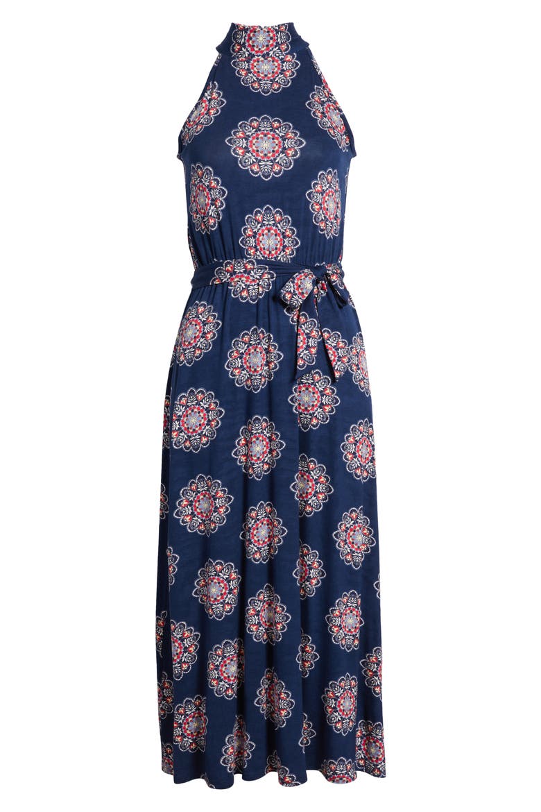 Printed Tie Waist Halter Knit Midi Dress, Alternate, color, NAVY