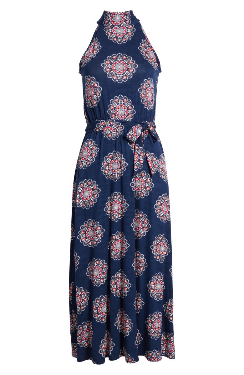 Loveappella Printed Tie Waist Halter Knit Midi Dress, Alternate, color, Navy
