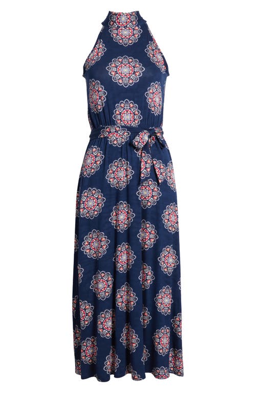 Loveappella Printed Tie Waist Halter Knit Midi Dress In Navy