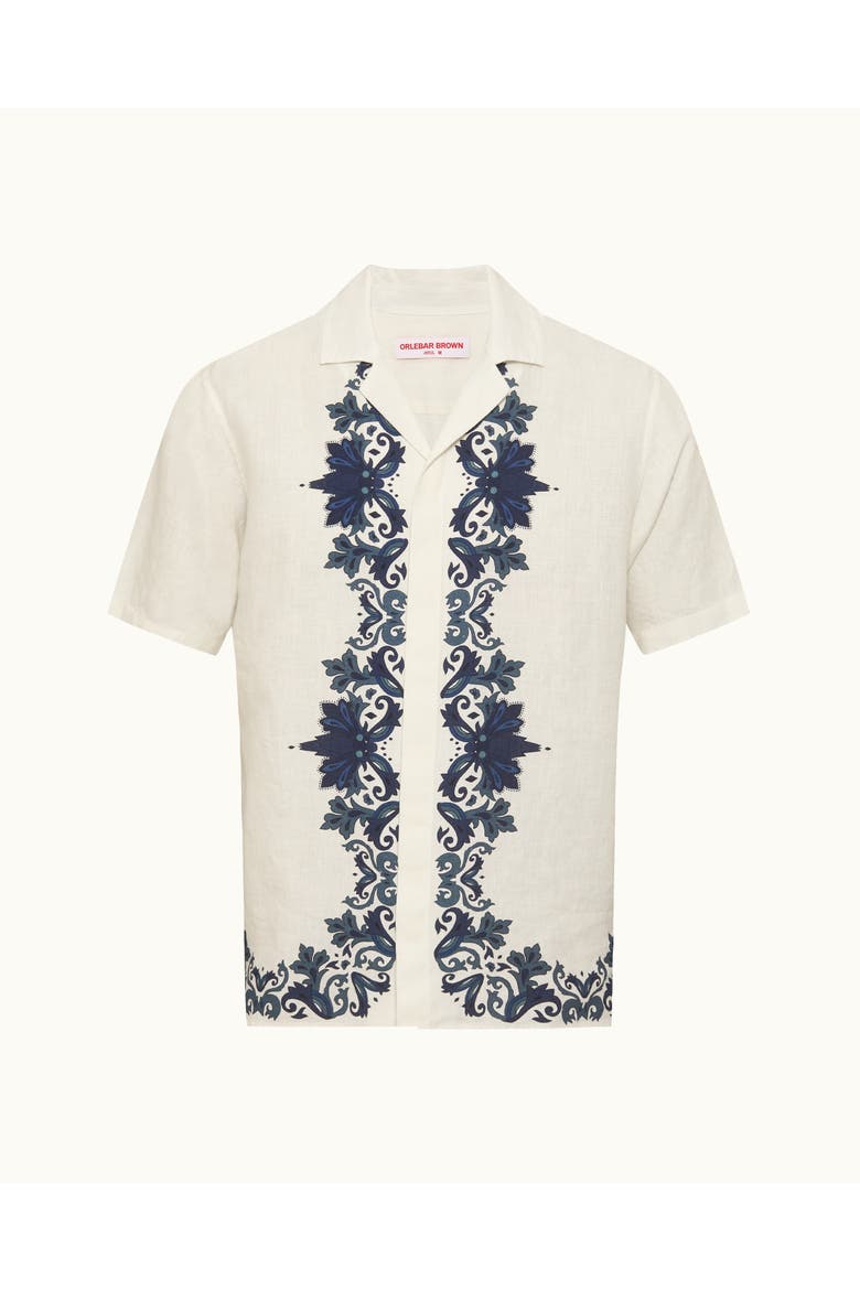 Maitan Linen Relaxed Fit Linen Mirabello Border Shirt, Alternate, color, White/Night Iris