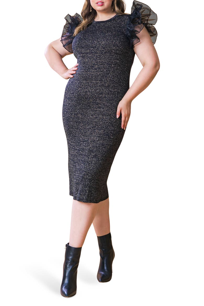 Ruffle Metallic Sweater Dress, Main, color, BLACK METALLIC