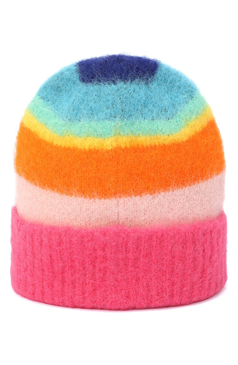 Kurt Geiger London Stripe Fuzzy Beanie, Alternate, color, Classic Rainbow