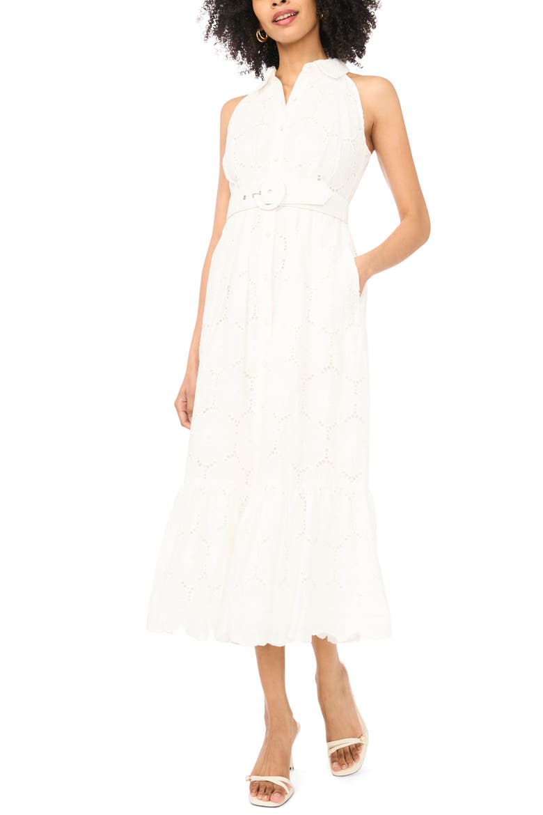 Sleeveless Belted Cotton Broderie Anglaise Maxi Shirtdress, Main, color, ULTRA WHITE