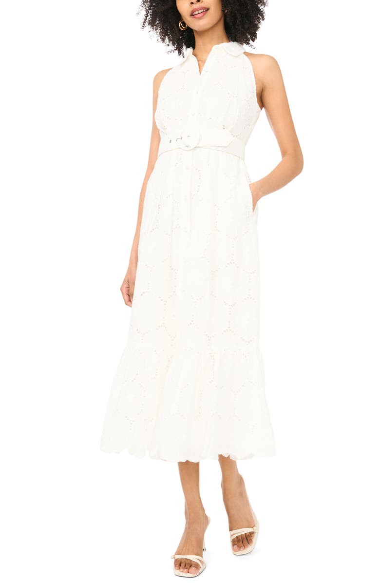 Vince Camuto Sleeveless Belted Cotton Broderie Anglaise Maxi Shirtdress, Main, color, Ultra White