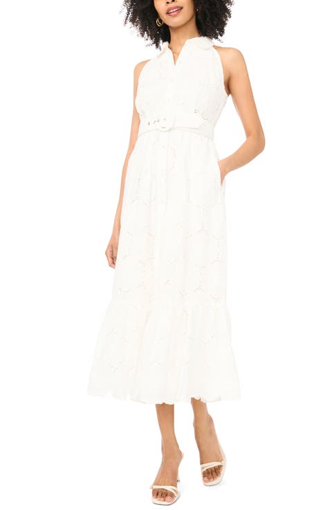 Sleeveless Belted Cotton Broderie Anglaise Maxi Shirtdress