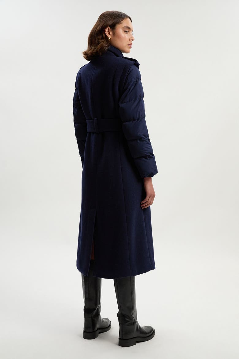 Wool High Neck Puffer Belted Midi Coat, Alternate, color, Navy