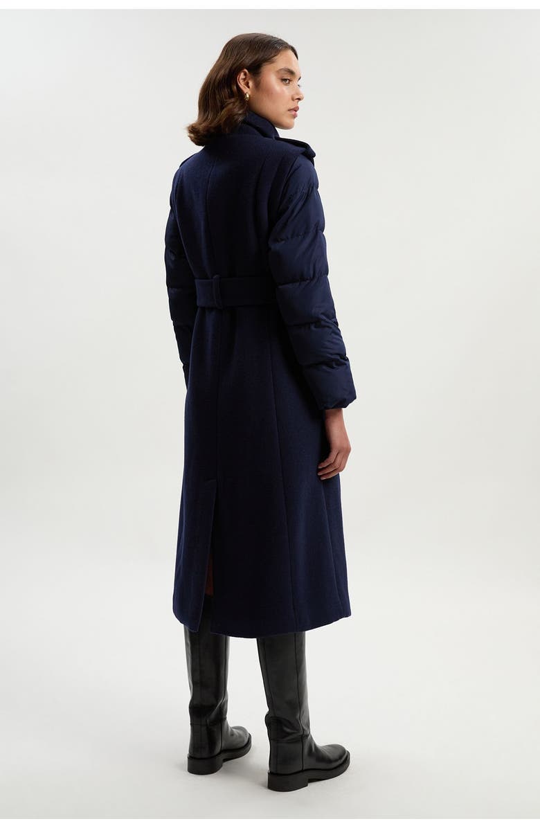 Karen Millen Wool High Neck Puffer Belted Midi Coat, Alternate, color, Navy