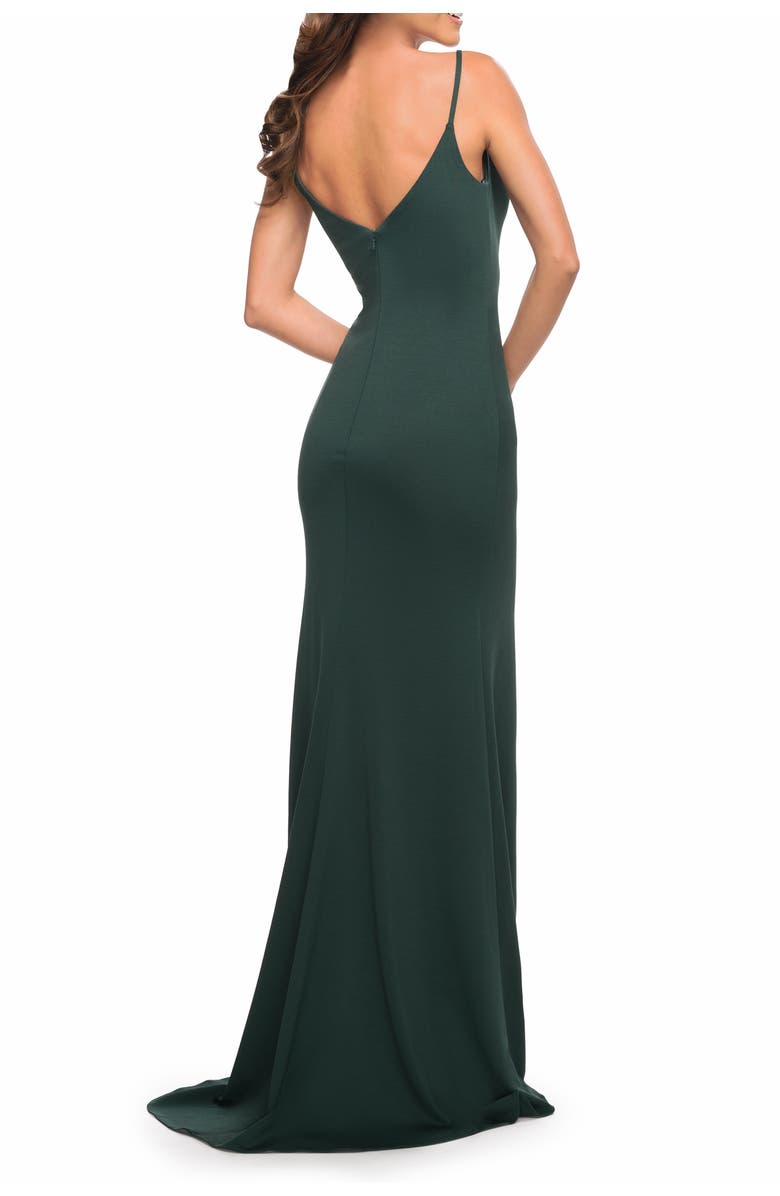 La Femme Simple Jersey Gown with V Neckline and Slit, Alternate, color, Dark Emerald