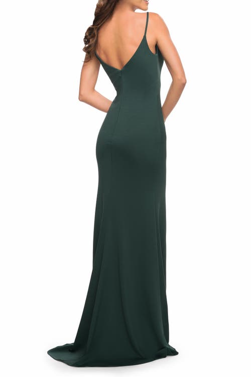 La Femme Simple Jersey Gown With V Neckline And Slit In Dark Emerald