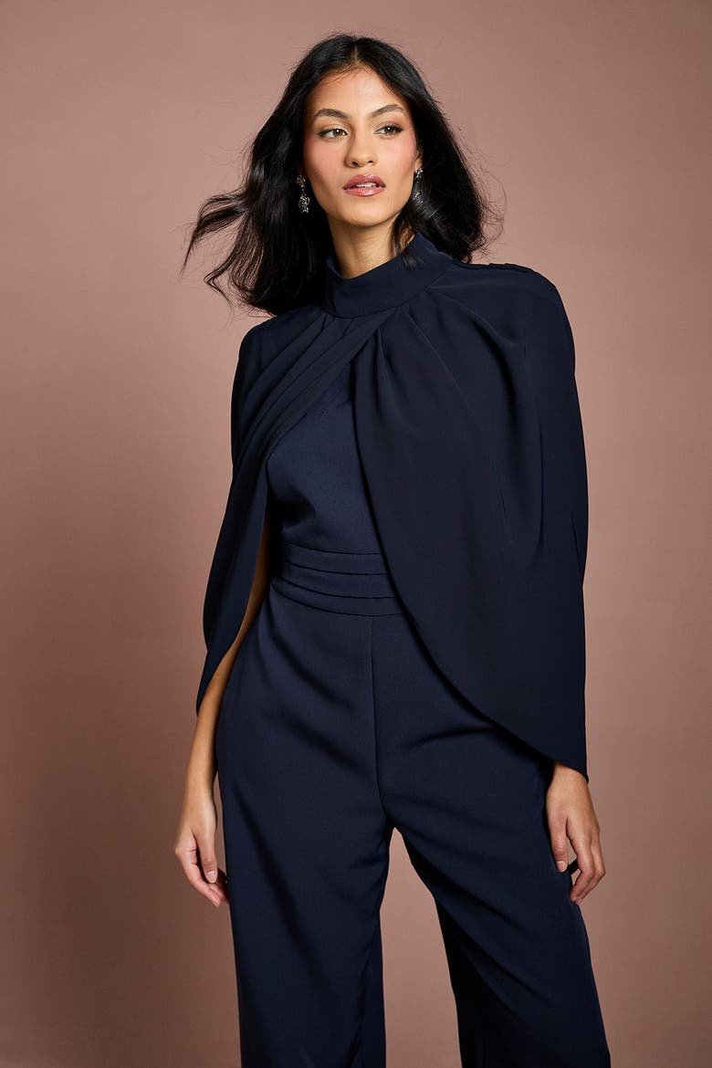 Petite High Neck Cape Wide Leg Jumpsuit, Alternate, color, Navy