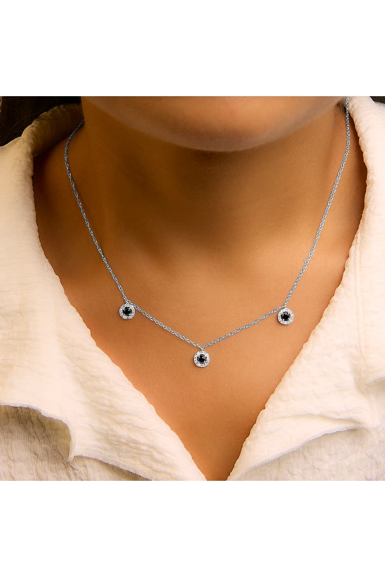 .925 Sterling Silver 5/8 Cttw Black Diamond 3 Station with Halo Necklace, Alternate, color, Silver