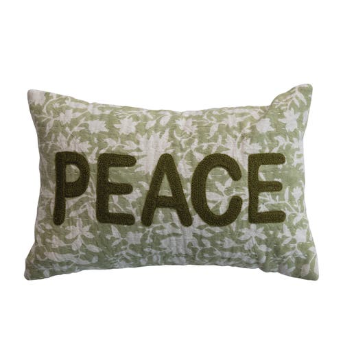 Storied Home Charming Cotton And Linen Block Printed Lumbar Pillow With Flowers And Kantha Stitch, G In Green