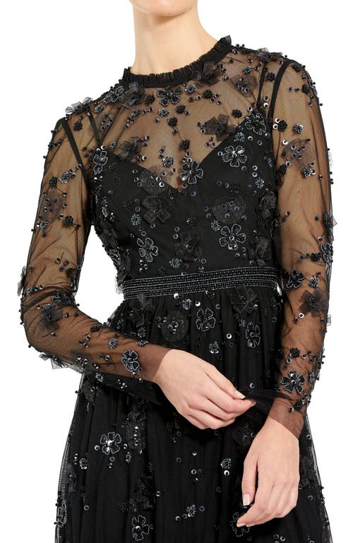 Mac Duggal Sheer Long Sleeve Embellished Midi Dress In Black