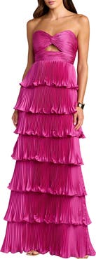 Mac Duggal Petite Pleated Charmeuse Strapless Tiered Ruffle Gown