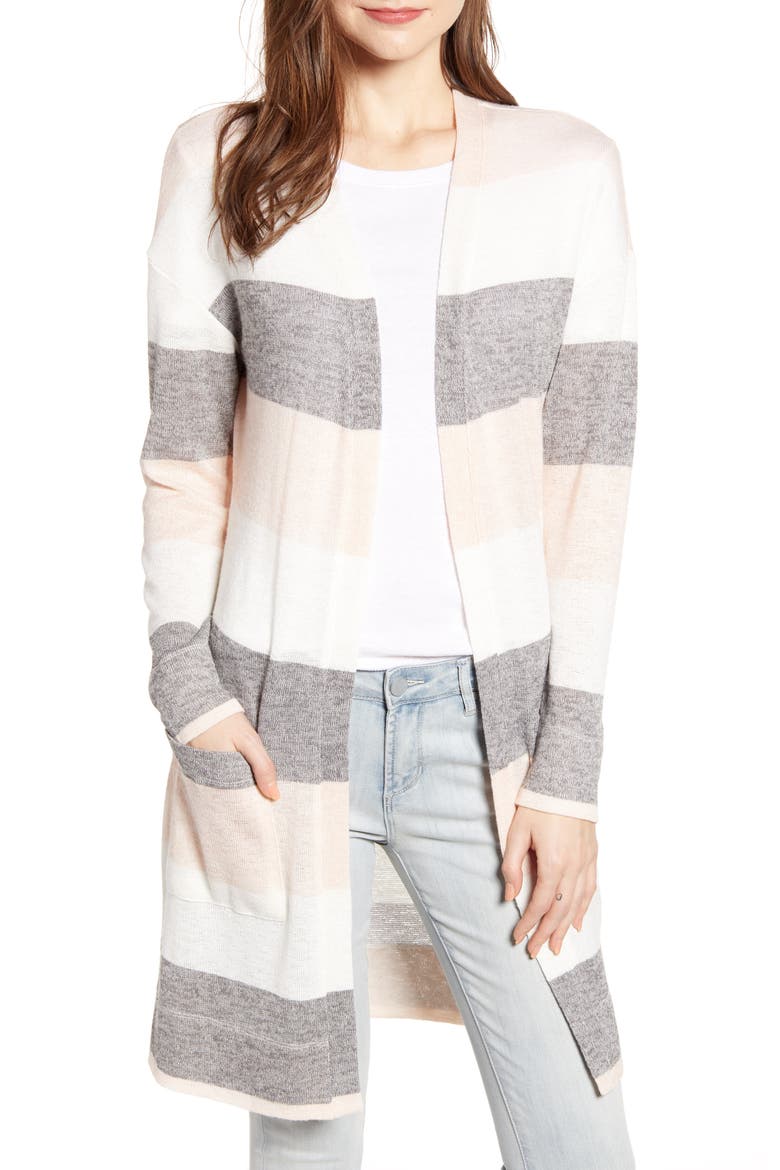 Stripe Longline Cardigan, Main, color, GREY/ IVORY/ BLUSH