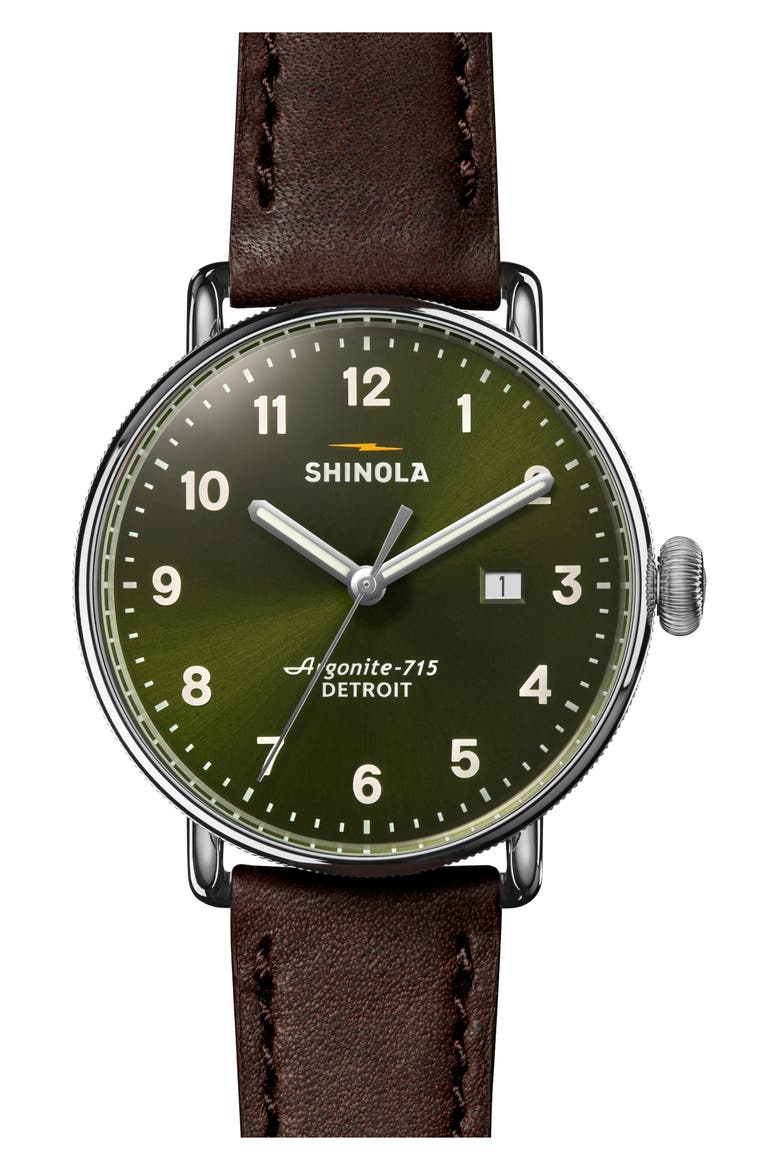 Canfield Leather Strap Watch, 43mm, Main, color, DARK OLIVE