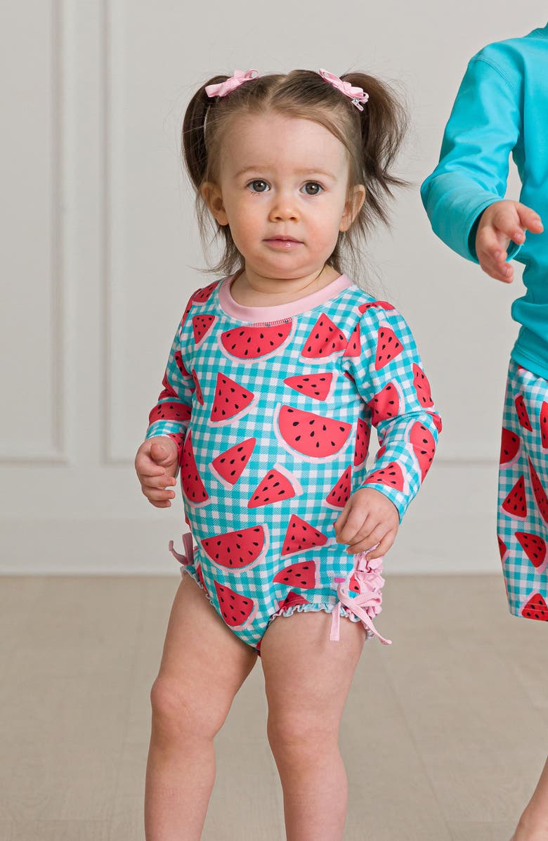 RuffleButts Watermelon Gingham One-Piece Rashguard Swimsuit & Hat Set, Alternate, color, 
