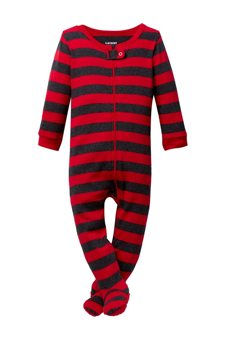 Footed Printed Cotton Pajamas, Solids, Stripes & Tie Dye, Main, color, RED/GREY