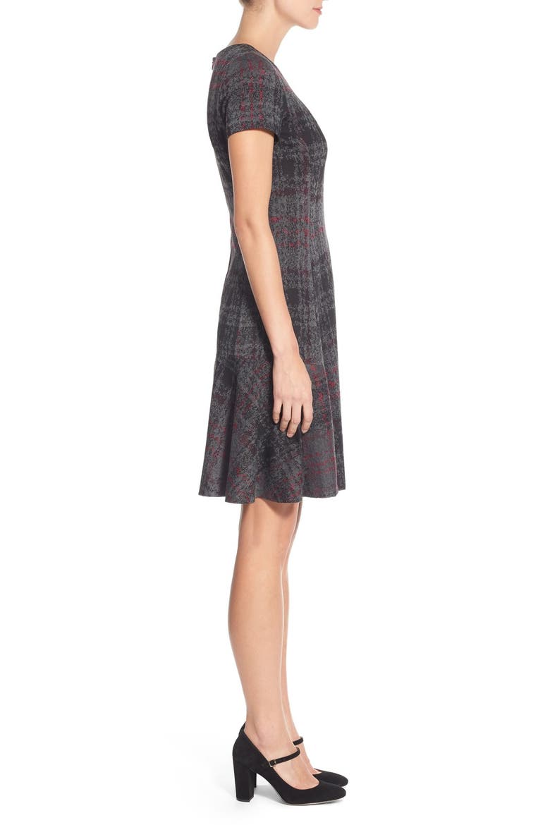 Print Ponte Fit & Flare Dress, Alternate, color, BLACK/ GREY/ PINK
