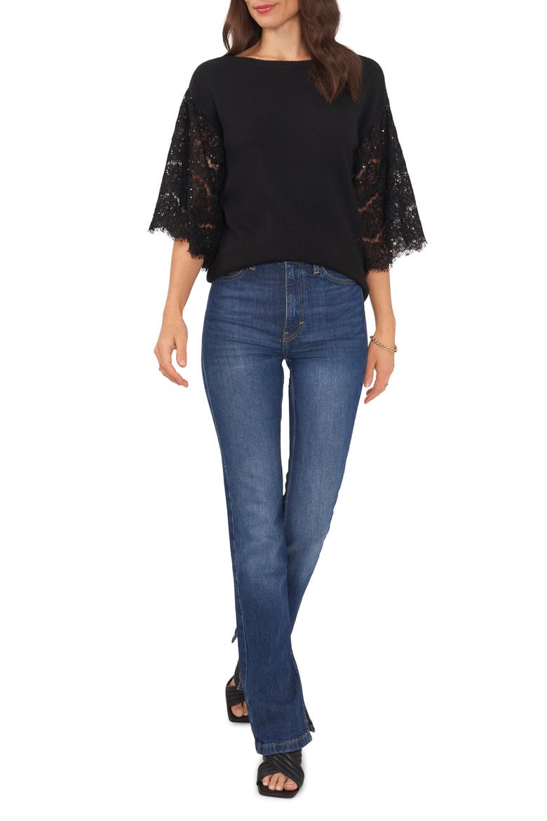 Sequin Lace Sleeve Mixed Media Sweater, Alternate, color, RICH BLACK