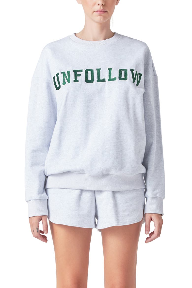 Unfollow Appliqué Graphic Sweatshirt, Alternate, color, HEATHER GREY