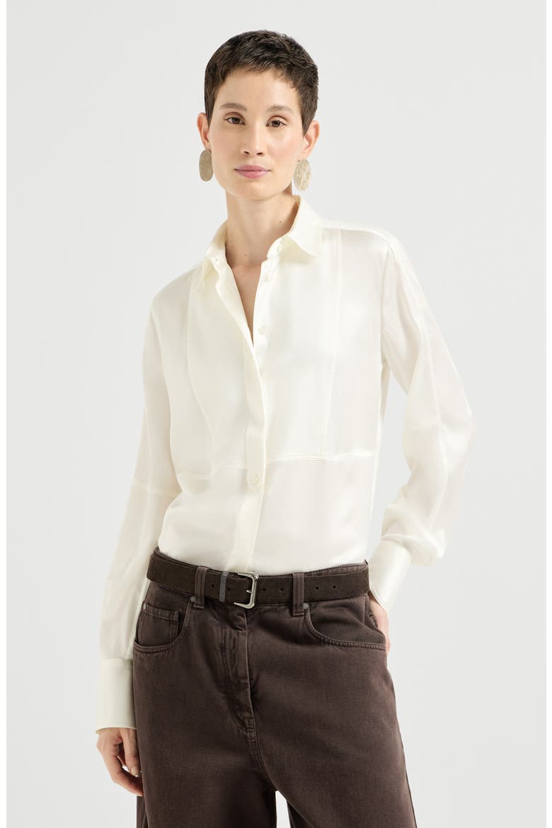 Stretch silk satin shirt with monili, Main, color, White