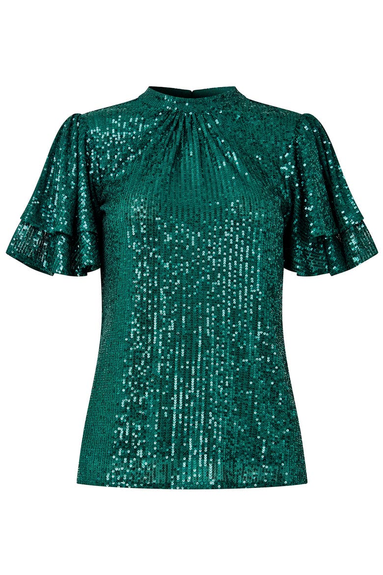 Short Flutter Sleeve Sequin Top, Alternate, color, EMERALD SEQUIN