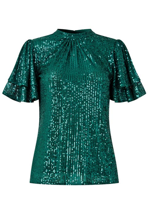 Short Flutter Sleeve Sequin Top (plus)